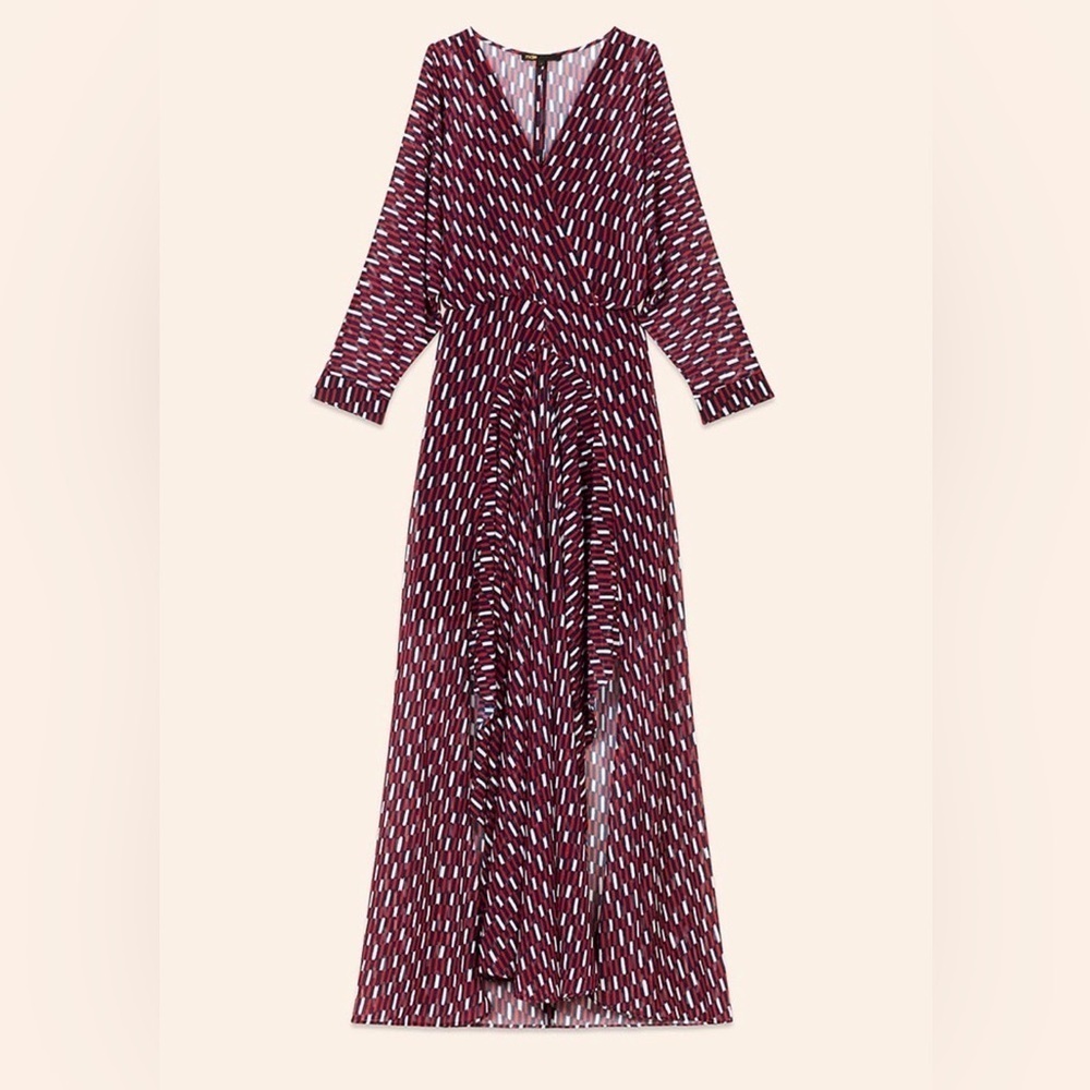 Maje Blue White Red Print Sheer Faux Wrap Raglan Sleeve Dress — 2 (Medium) - Picture 13 of 16